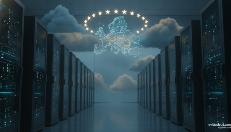 Centro de datos con un mapa de Europa que simboliza la nube soberana europea