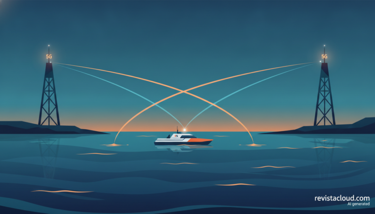 Ilustración de un barco no tripulado en el mar y dos antenas 5G en la costa conectadas por señales