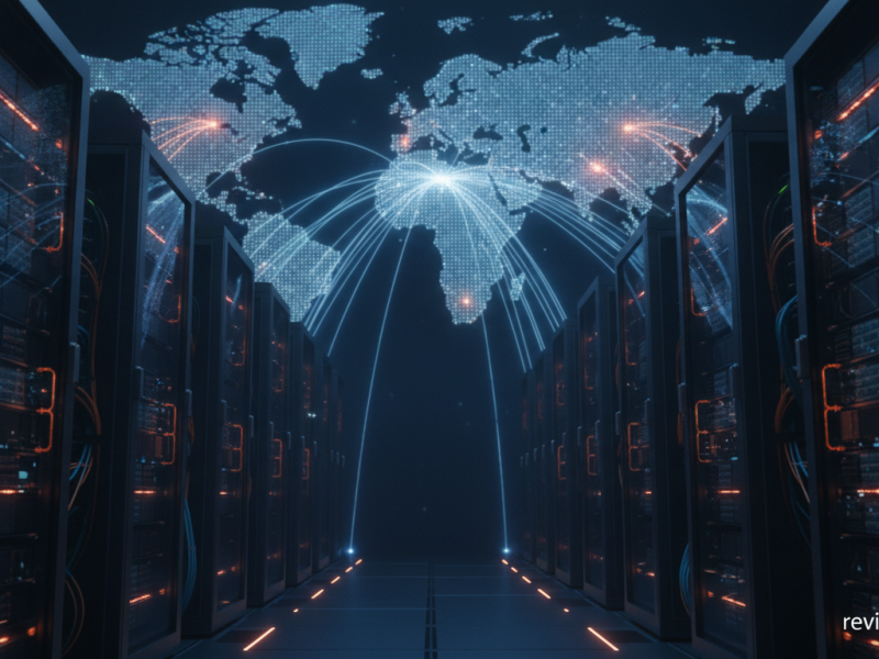 Mapa de una red global de nodos en el borde conectados a un centro de datos con GPU