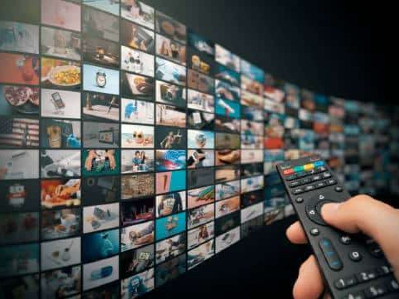 Television streaming, TV broadcast. Multimedia wall concept.