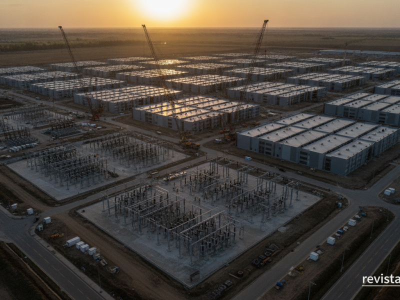 Campus de centros de datos en construcción con grúas y naves de servidores
