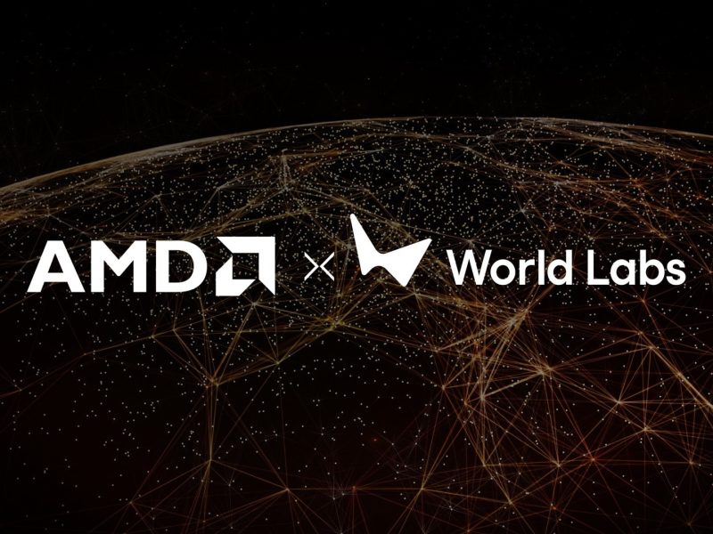 Logotipos de AMD y World Labs sobre una vista estilizada de la Tierra iluminada de noche