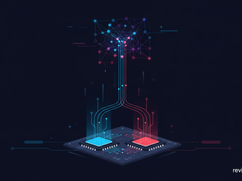Ilustración de dos procesadores x86 cuyos flujos de datos convergen en una única biblioteca de IA