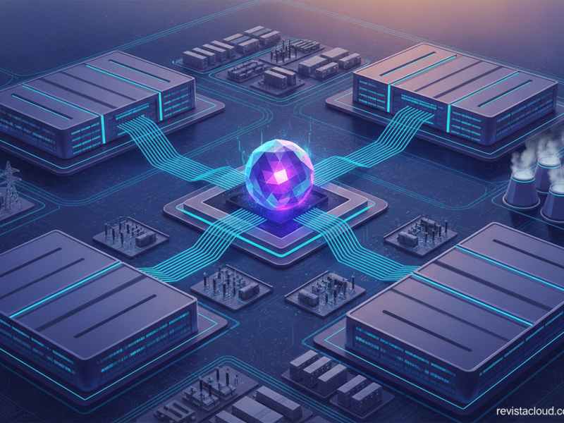 Campus de centros de datos conectados a un nodo central de inteligencia artificial