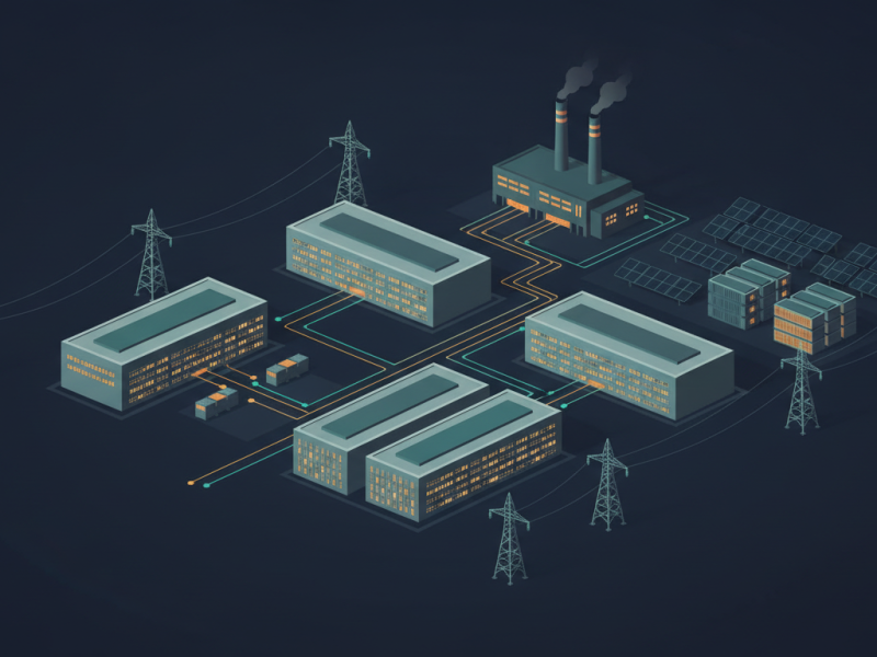Ilustración de un campus de centros de datos conectado a líneas eléctricas, placas solares y baterías