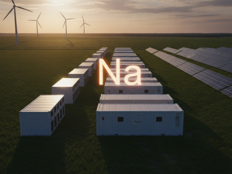 Contenedores de almacenamiento de energía con baterías junto a un parque eólico y solar