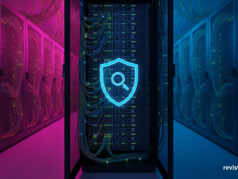 Equipos de seguridad de red en un rack con cables de fibra de alta velocidad