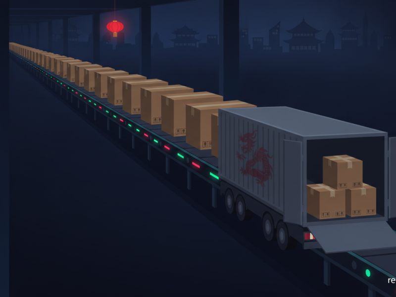 Ilustración de una larga cola de cajas de tarjetas gráficas de las que solo unas pocas se cargan para su envío