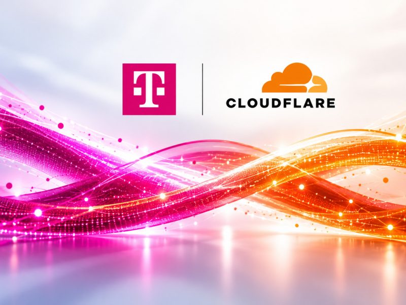 Logotipos de Deutsche Telekom y Cloudflare, que anuncian una alianza de seguridad y conectividad en Europa