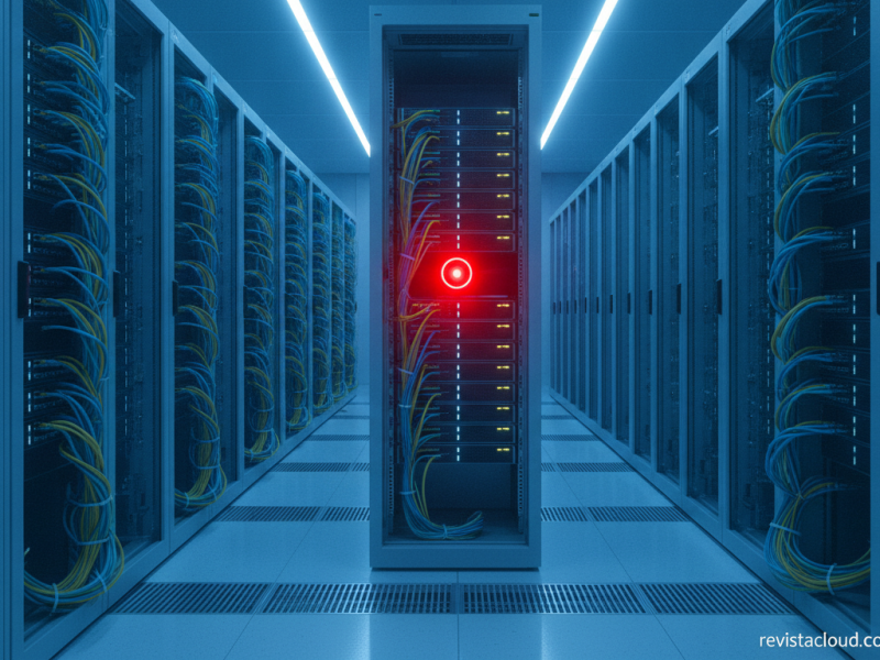 Servidores en un centro de datos con una luz de alerta roja en un rack
