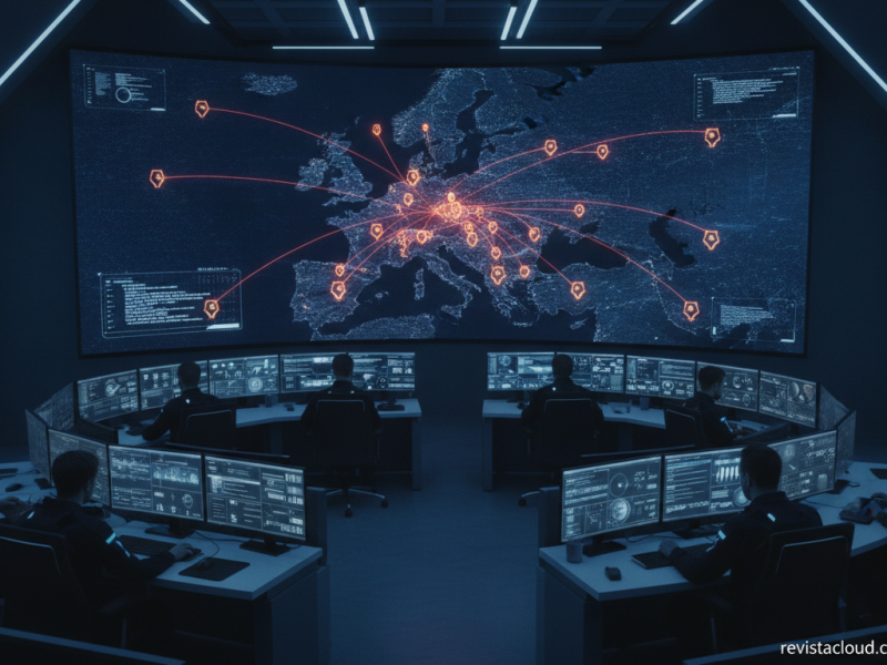 Centro de ciberseguridad con un mapa de Europa que muestra ataques informáticos