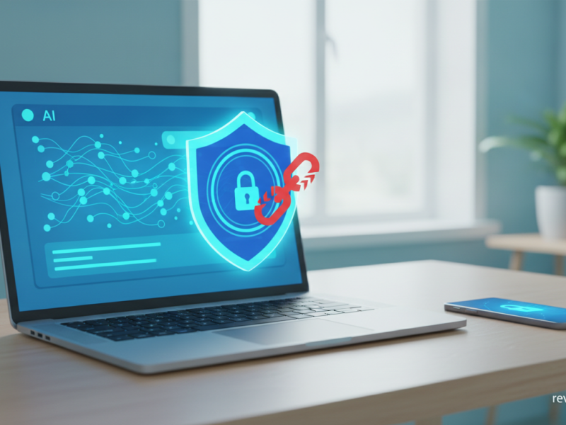 Escudo de seguridad digital protegiendo un chat de IA en un portátil