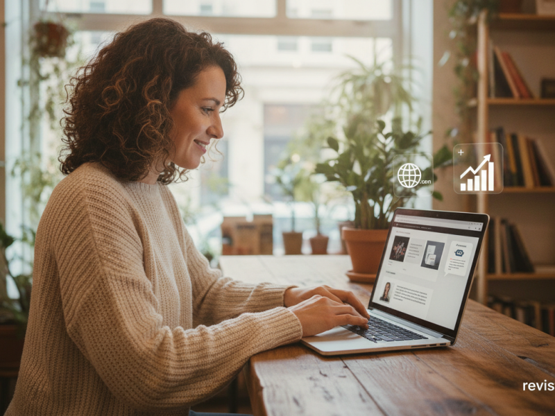 Dueña de una pequeña tienda creando su web en un portátil con ayuda de un asistente de IA