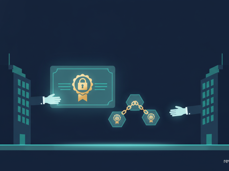 Ilustración de un certificado digital con candado y una cadena de confianza que pasa de una empresa a otra