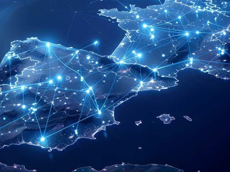 Mapa de España con puntos y líneas que representan flujos de datos del proyecto Impulsa DATA