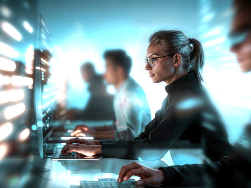 Profesionales de ciberseguridad trabajando ante pantallas, imagen de IndraMind