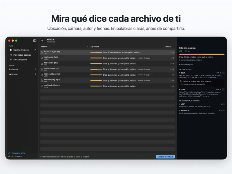 Ventana de KillEXIF en Mac con una lista de archivos, una barra que mide lo que revela cada uno y el detalle de los metadatos que se van a quitar