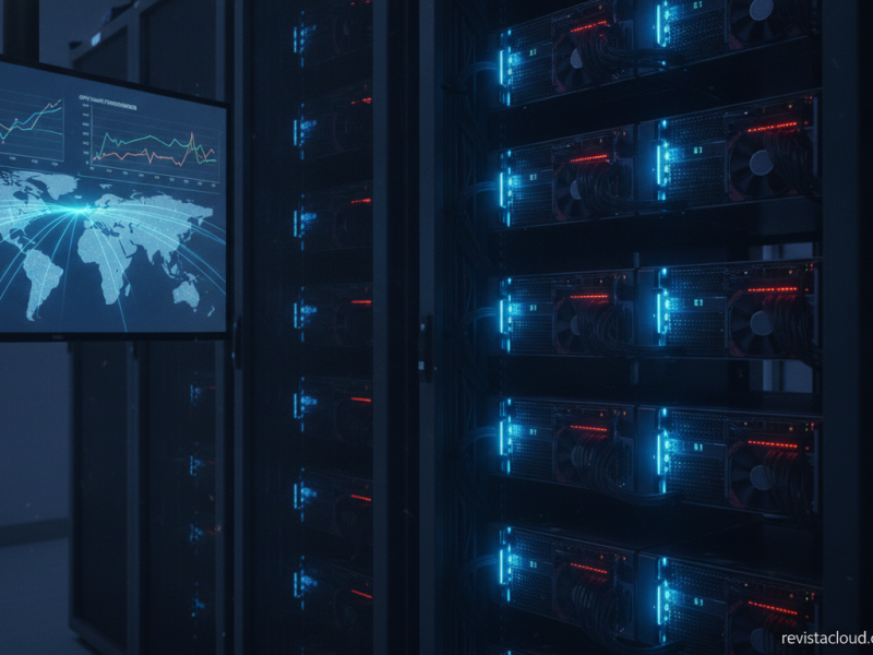 Servidores con GPU y un panel de monitorización de métricas en un centro de datos