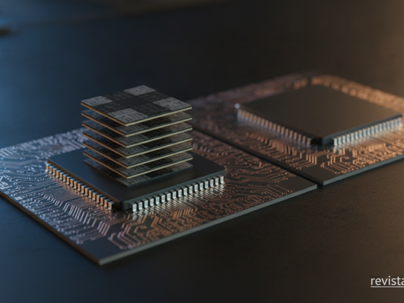 Pila de chips de memoria DRAM sobre un sustrato de encapsulado de alta densidad, imagen generada con IA