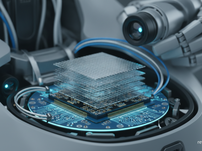 Memoria apilada sobre un chip lógico dentro de un robot humanoide
