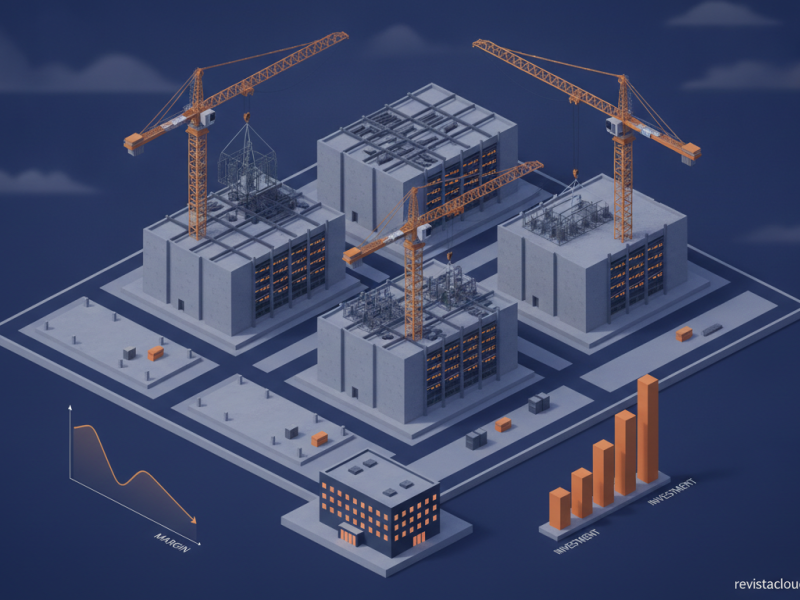 Ilustración de un campus de centros de datos en construcción frente a un edificio de oficinas