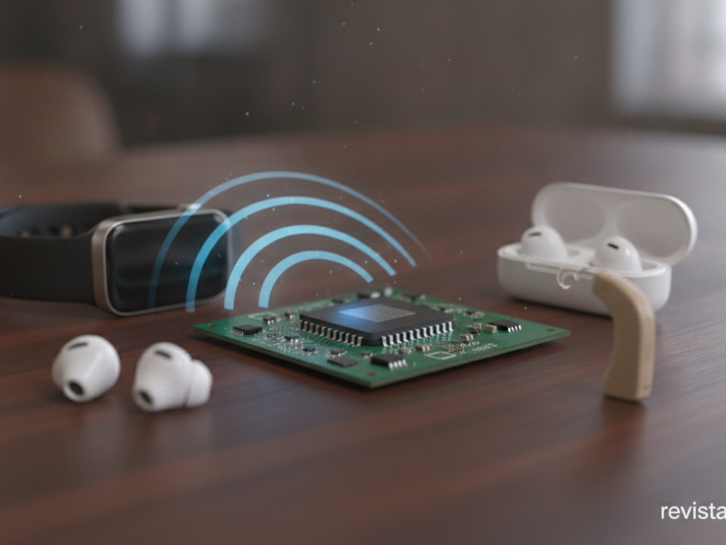 Chip de radio Bluetooth sobre una placa con ondas inalámbricas hacia dispositivos ponibles