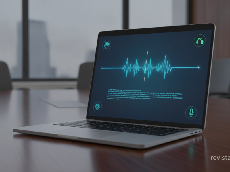 Portátil en una sala de reuniones transcribiendo audio en local con una onda de voz en pantalla