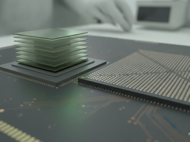 Pila de memoria HBM sobre su base die junto a un chip de GPU