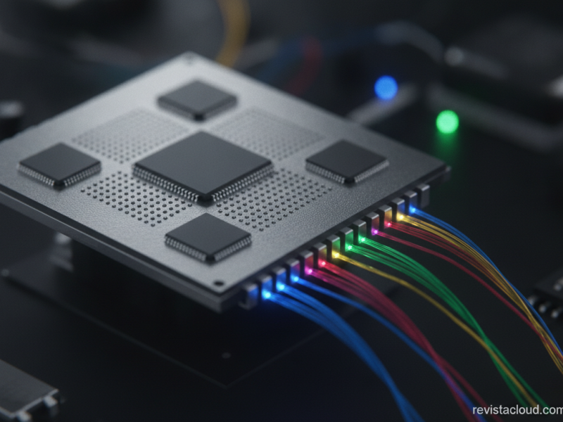 Encapsulado de chip con interposer de silicio y fibras ópticas conectadas