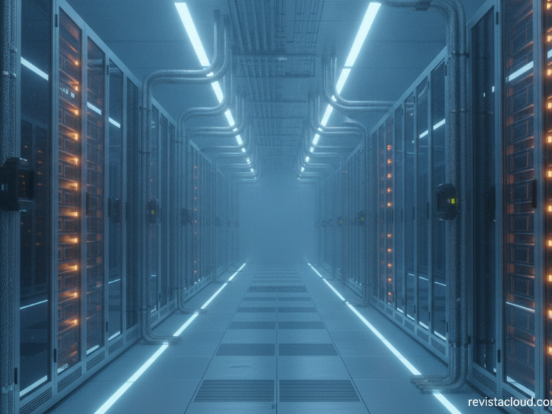 Pasillo de un centro de datos en la nube con racks de aceleradores de IA