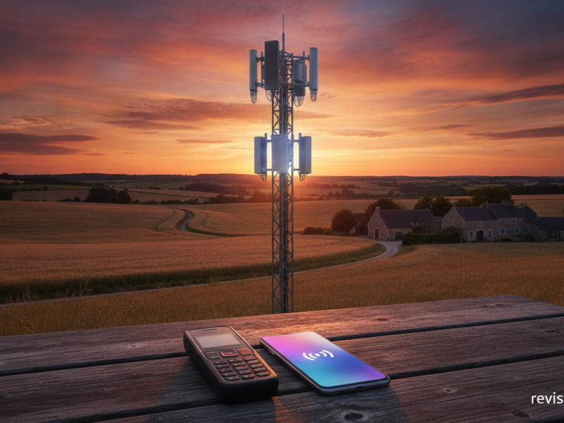 Ilustración de una antena de telefonía móvil al atardecer con un móvil antiguo y un smartphone en primer plano