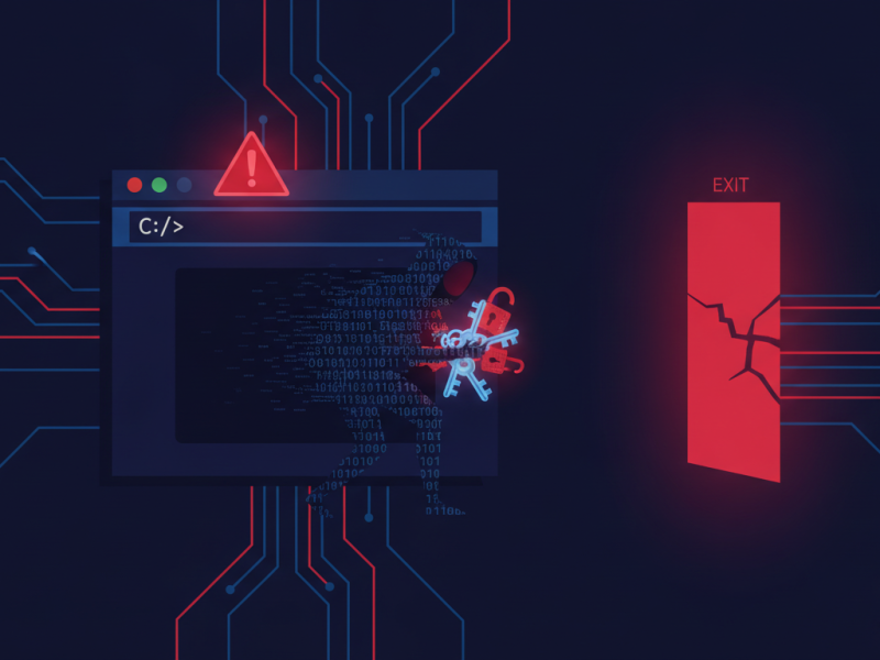 Ilustración de un binario malicioso que sale de una terminal llevándose llaves y candados