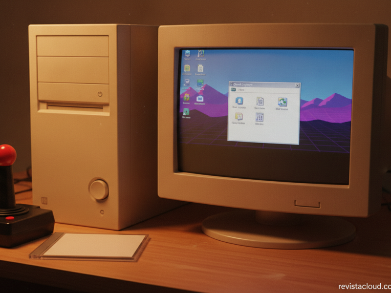 Ordenador de sobremesa beige de los noventa con monitor CRT y joystick