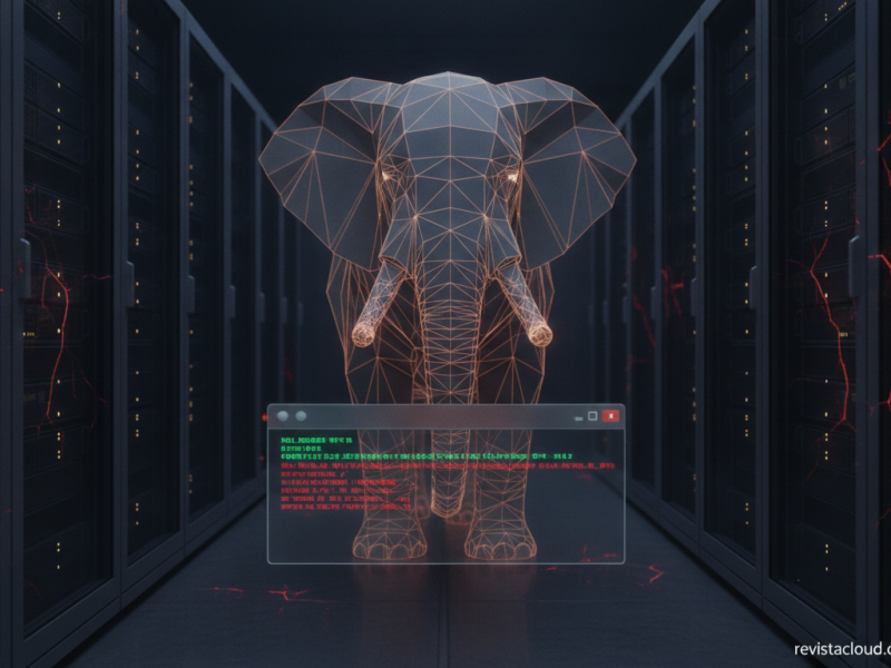 Ilustración de un elefante en malla de líneas en un centro de datos con una terminal de comandos en alerta, sobre la vulnerabilidad PHP2Shell