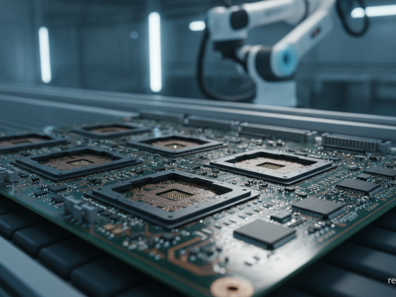 Placa de circuito impreso multicapa para servidor de IA en una línea de fabricación, imagen generada con IA