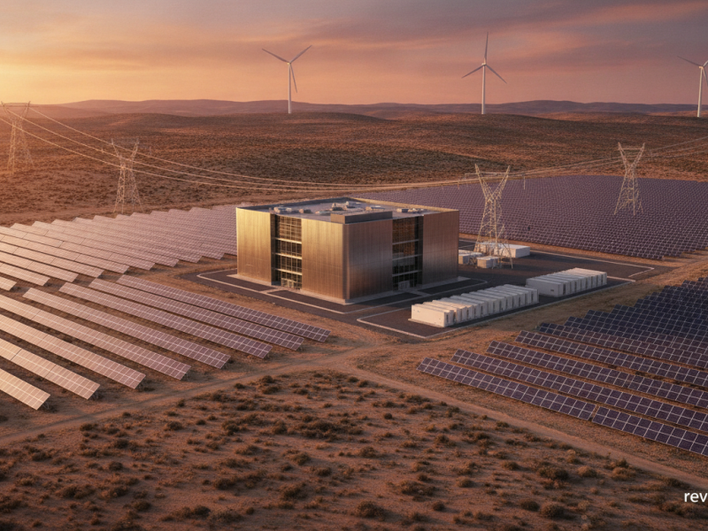 Centro de datos rodeado de plantas solares, eólicas y baterías