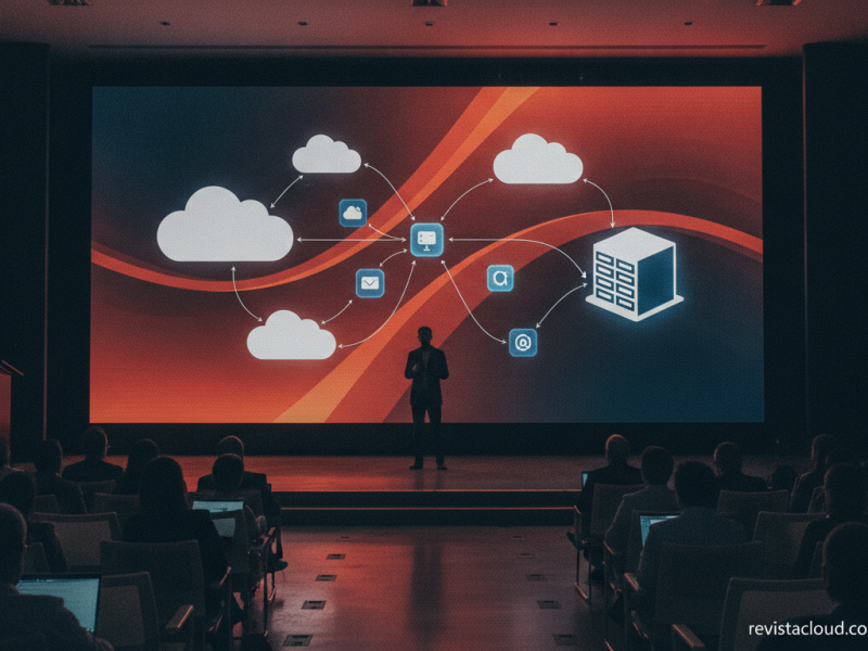 Escenario de una conferencia tecnológica con un diagrama de aplicaciones moviéndose entre nubes