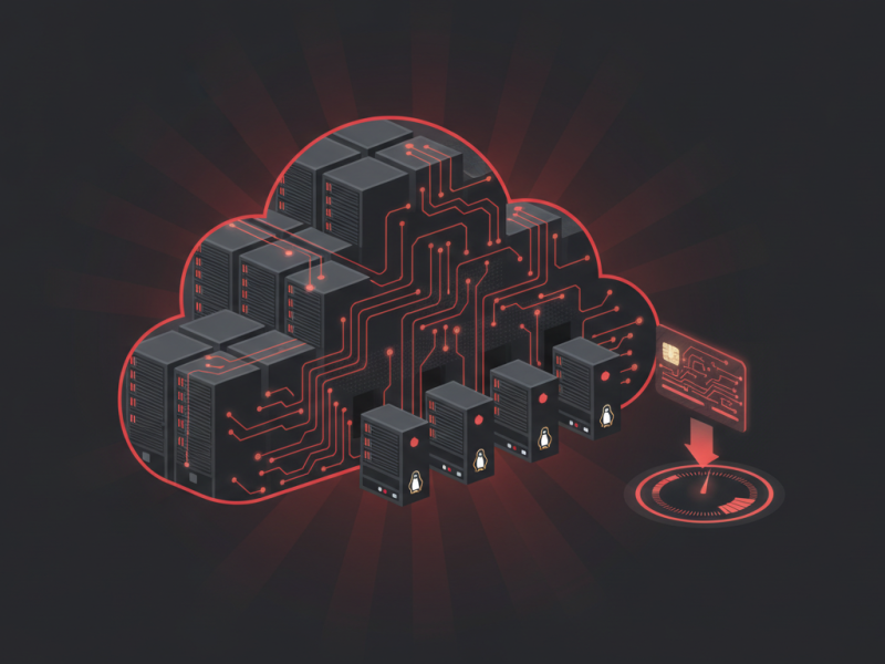 Ilustración de servidores Linux conectándose a una nube con un contador de facturación