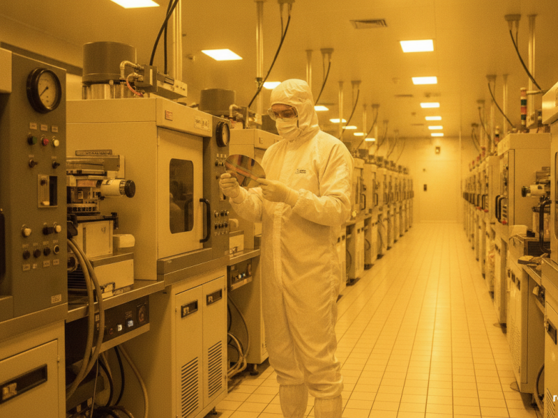 Técnico con una oblea de silicio en una sala blanca de fabricación de chips, imagen generada con IA