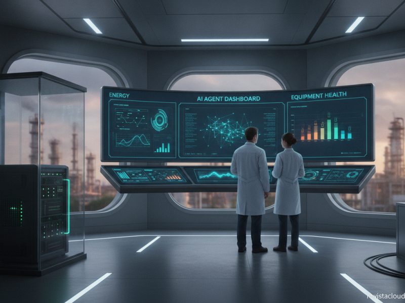 Sala de control de una planta industrial con paneles de agentes de IA y un servidor edge