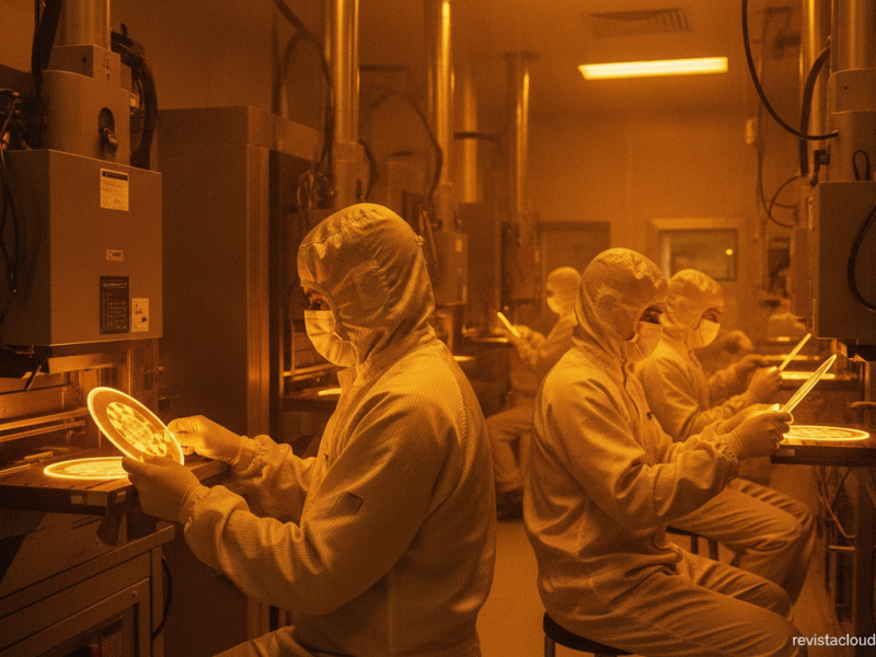 Sala limpia de una fábrica de semiconductores con obleas de nitruro de galio