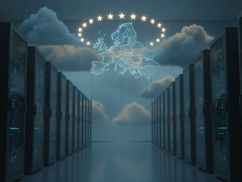 Centro de datos con un mapa de Europa que simboliza la nube soberana europea