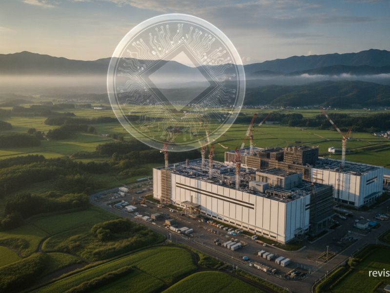 Ilustración de una fábrica de semiconductores en construcción en un entorno rural de Japón